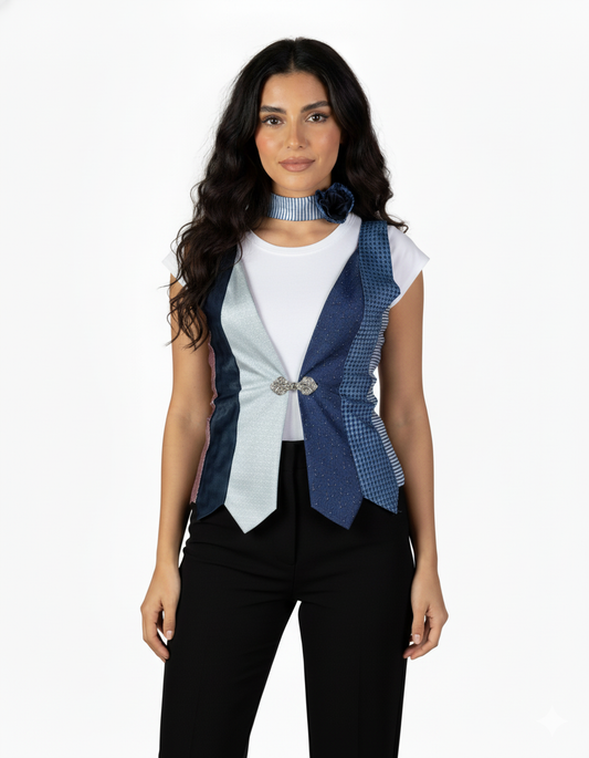 Woman wearing a sleeveless vest with a unique design on a white background