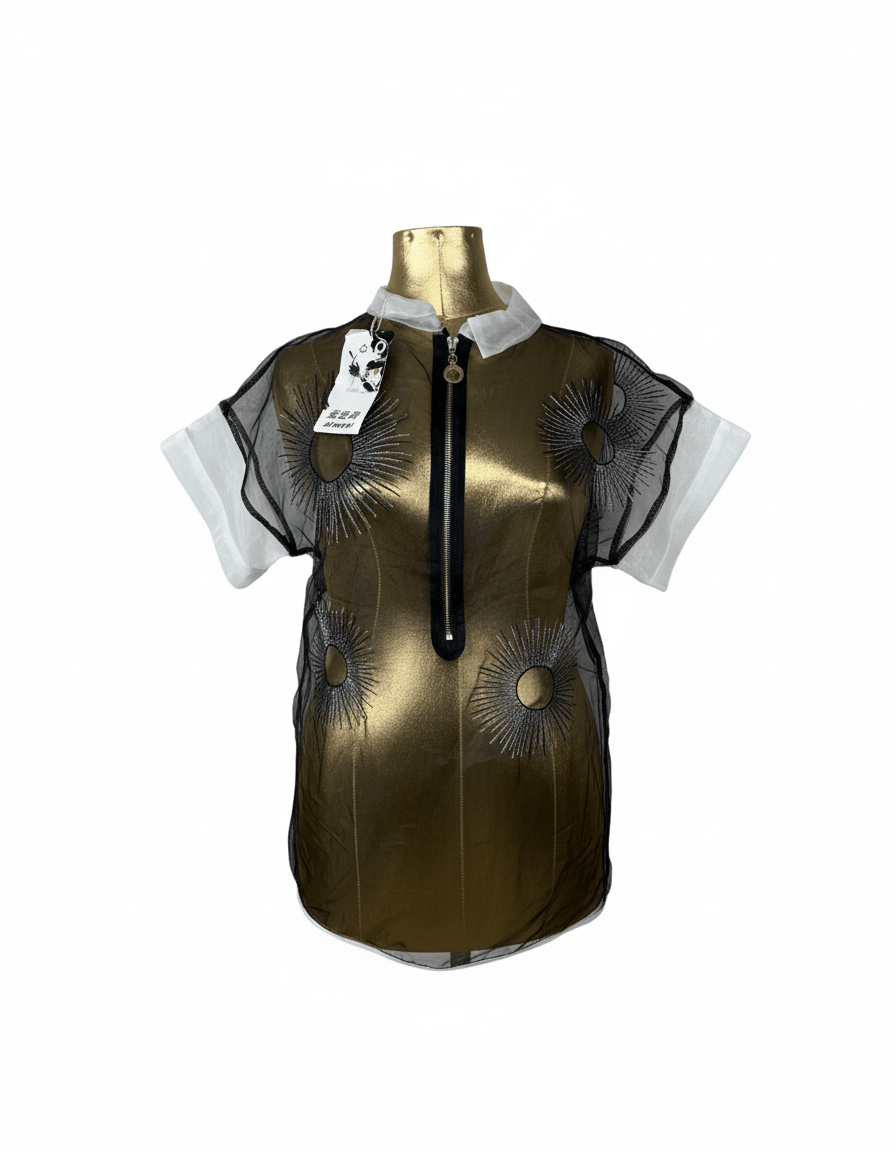 Avant - Garde Metallic Organza Embroidered Zip Top - Funkify
