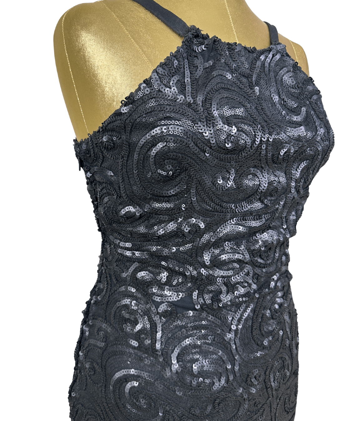 Black Sequin Swirl Bodycon Halter Neck Dress - Funkify