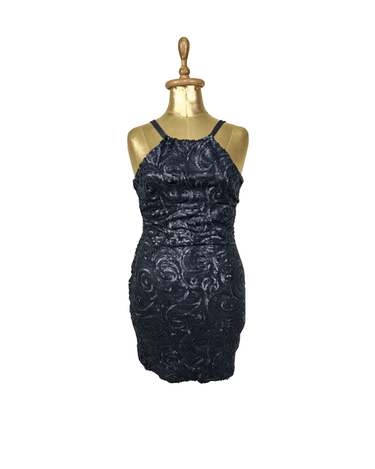 Black Sequin Swirl Bodycon Halter Neck Dress - Funkify