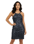 Black Sequin Swirl Bodycon Halter Neck Dress - Funkify