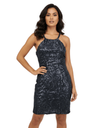 Black Sequin Swirl Bodycon Halter Neck Dress - Funkify