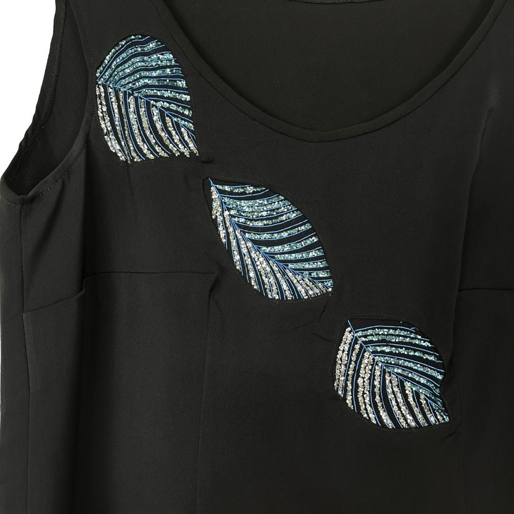 Black Tank-top with Leaf Rhinestones Detailing Medium - Funkify