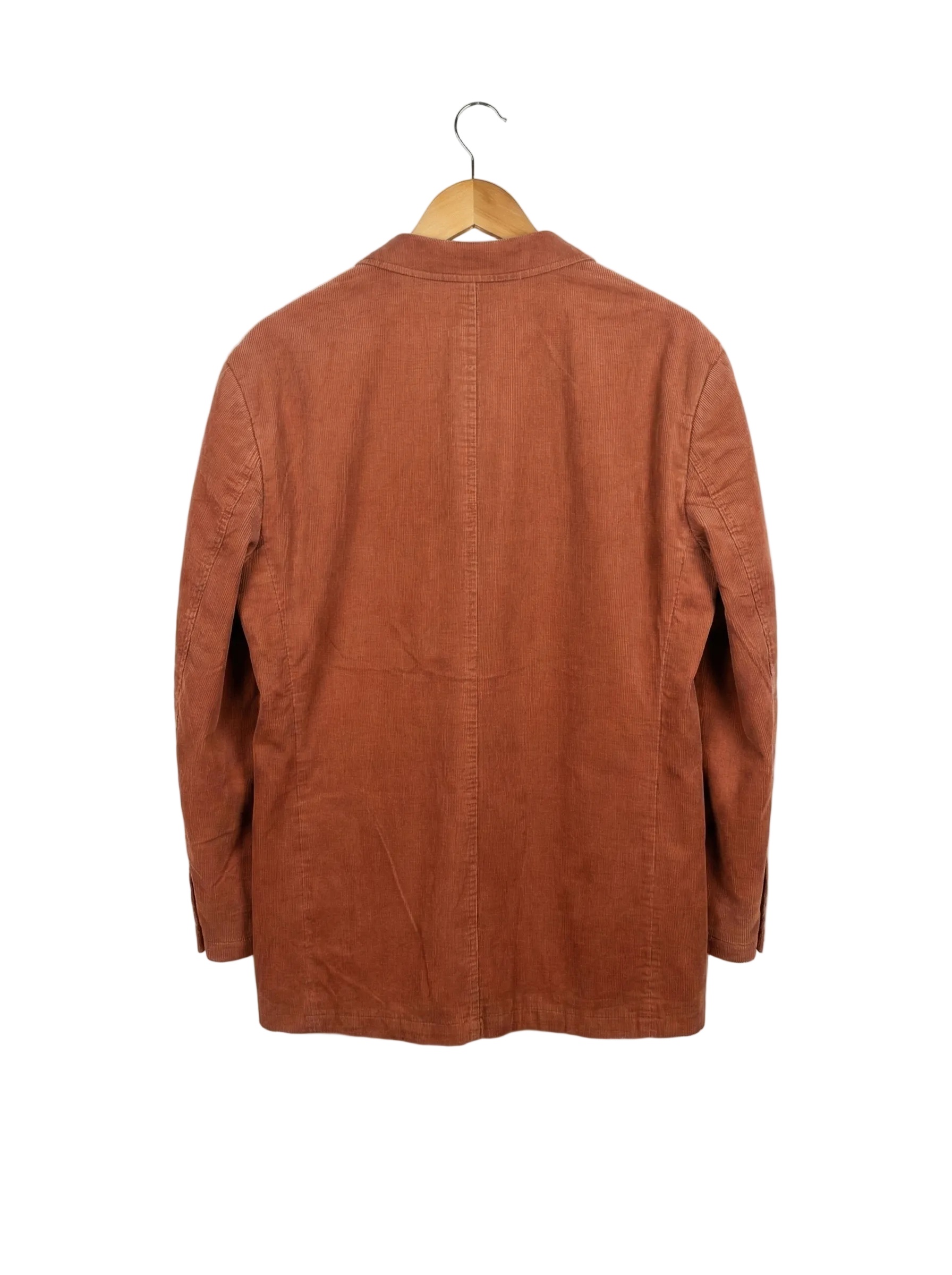 Brown jacket on a hanger against a white background