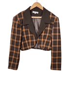 Brown Plaid Cropped Women's Open Front Blazer - Funkify