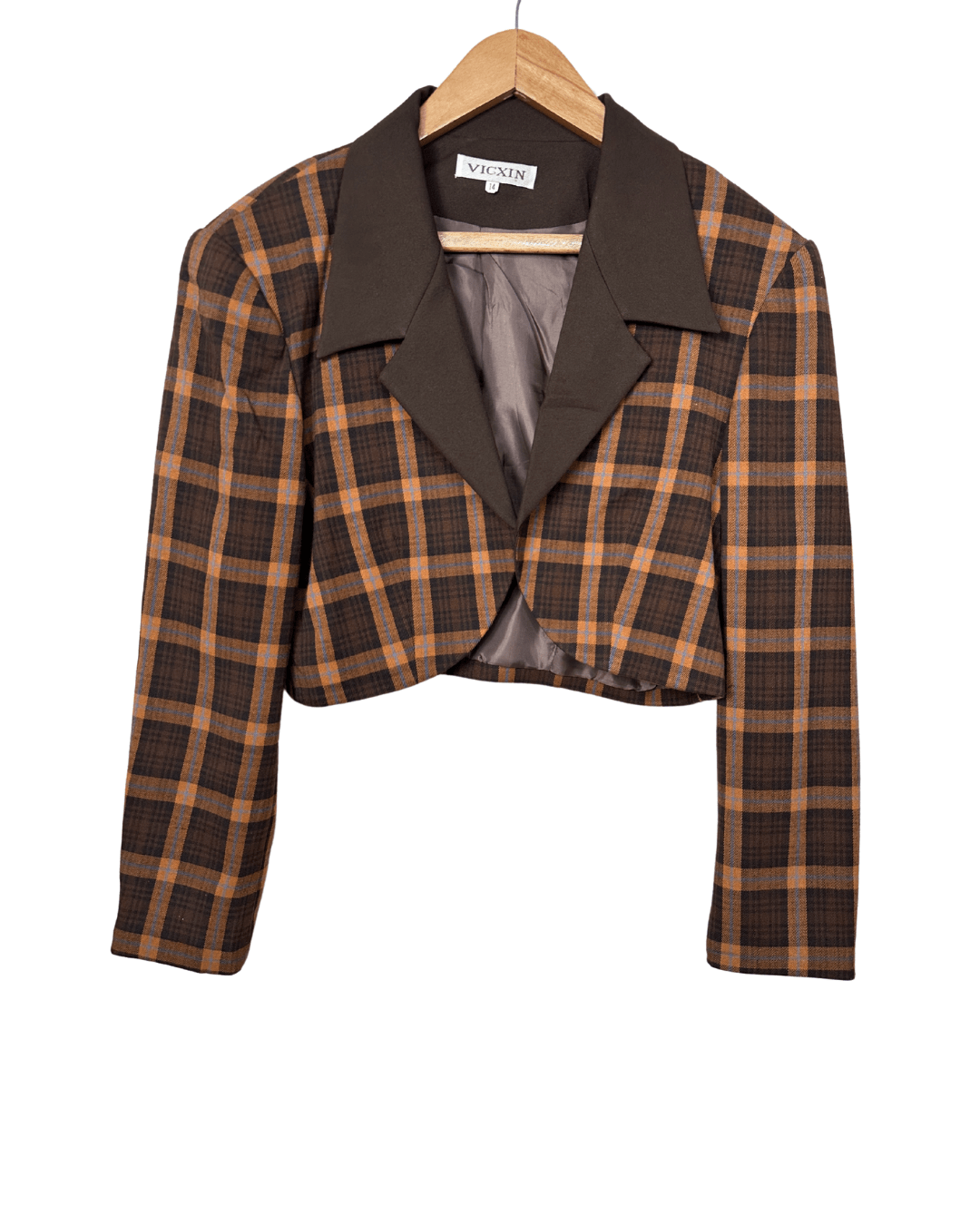 Brown Plaid Cropped Women's Open Front Blazer - Funkify