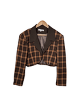 Brown Plaid Cropped Women's Open Front Blazer - Funkify