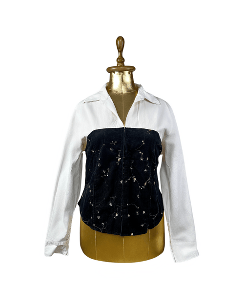 Canda fitted shirt with velvet bustier and fish hook closure, size XL