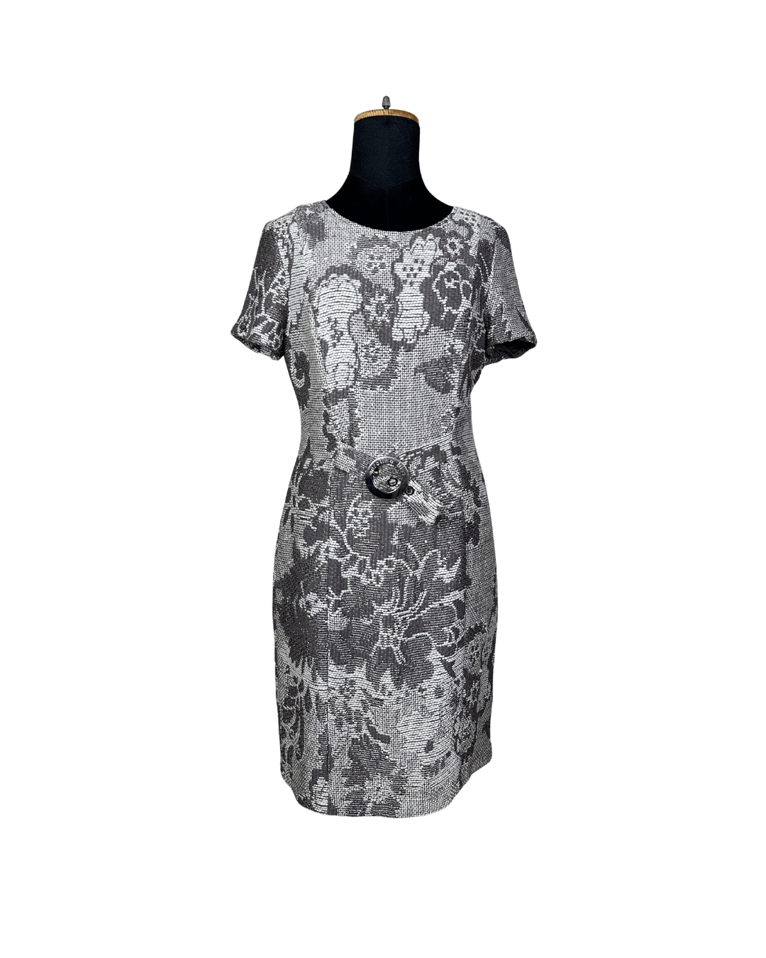 Caroline Biss Floral Brocade Midi Dress with Waist Detail - Funkify