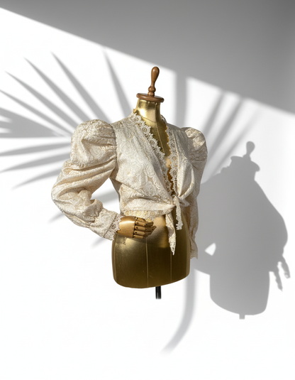 Vintage 80s Cream Brocade Puff-Sleeve Lace Front Tie Blouse