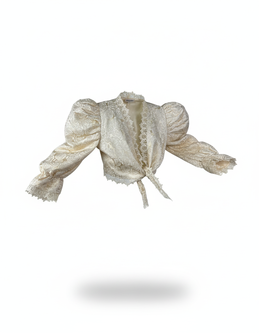Vintage 80s Cream Brocade Puff-Sleeve Lace Front Tie Blouse