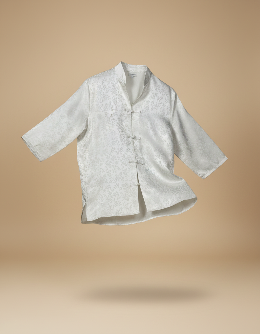 Vintage White Satin Chinese Button Shirt Large