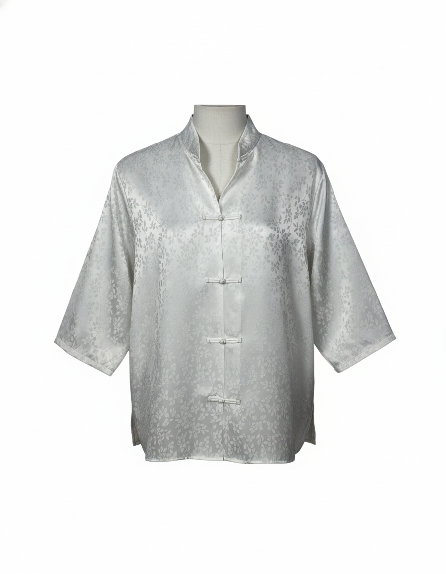 Vintage White Satin Chinese Button Shirt Large