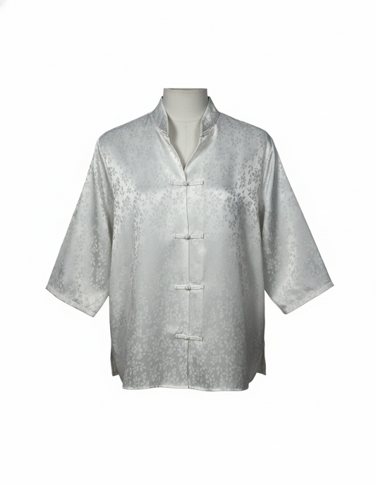 Vintage White Satin Chinese Button Shirt Large