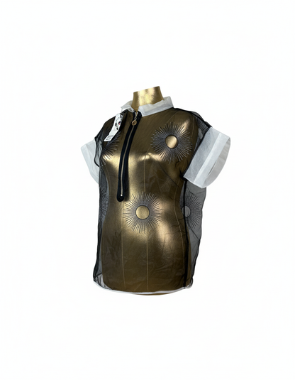 Avant-Garde Metallic Organza Embroidered Zip Top