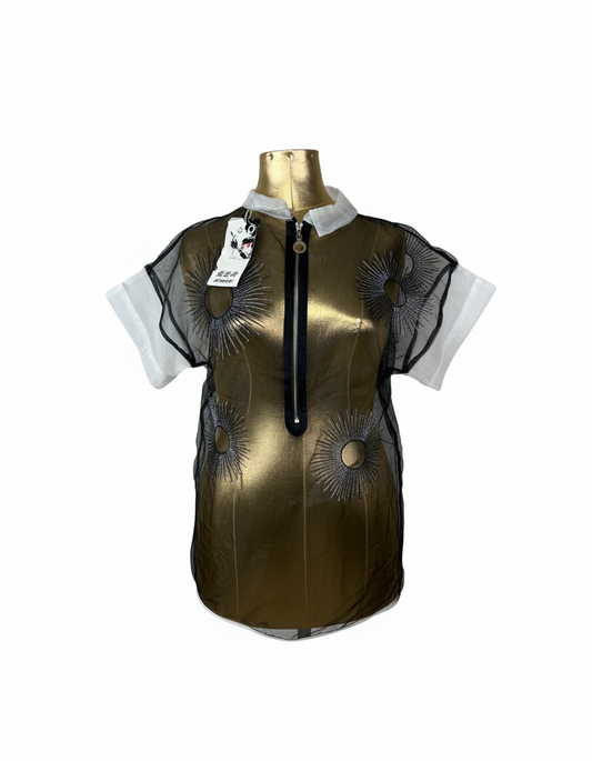 Avant-Garde Metallic Organza Embroidered Zip Top