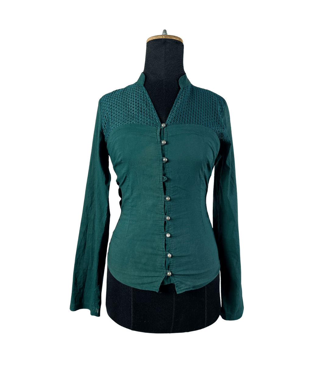 Fitted Stretch Shirt With Lace Yoke And Pearl Buttons - Funkify