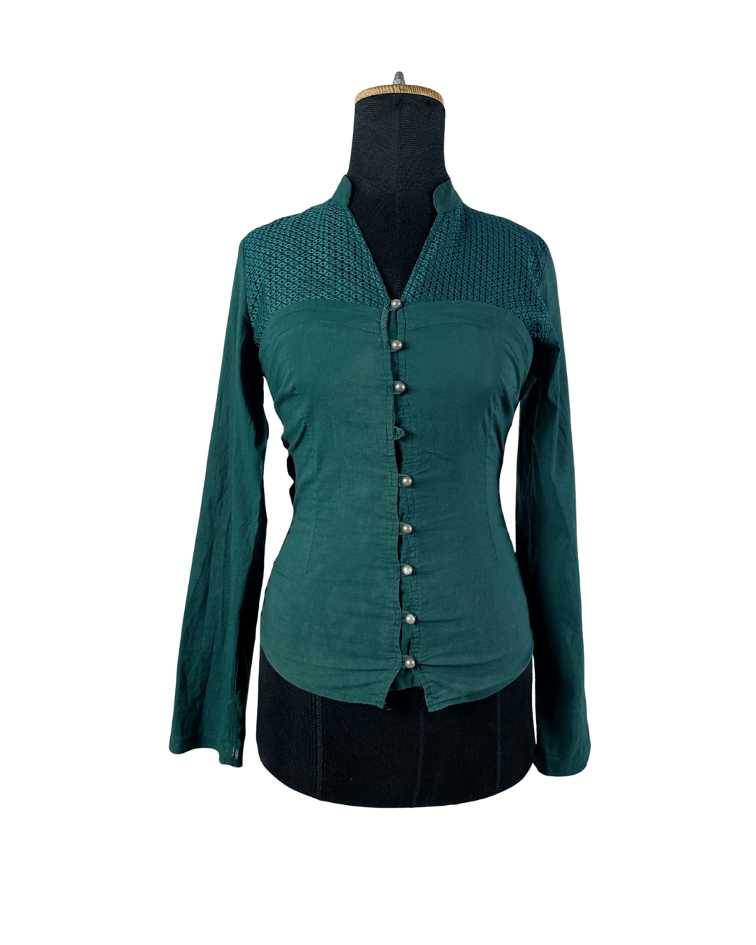 Fitted Stretch Shirt With Lace Yoke And Pearl Buttons - Funkify