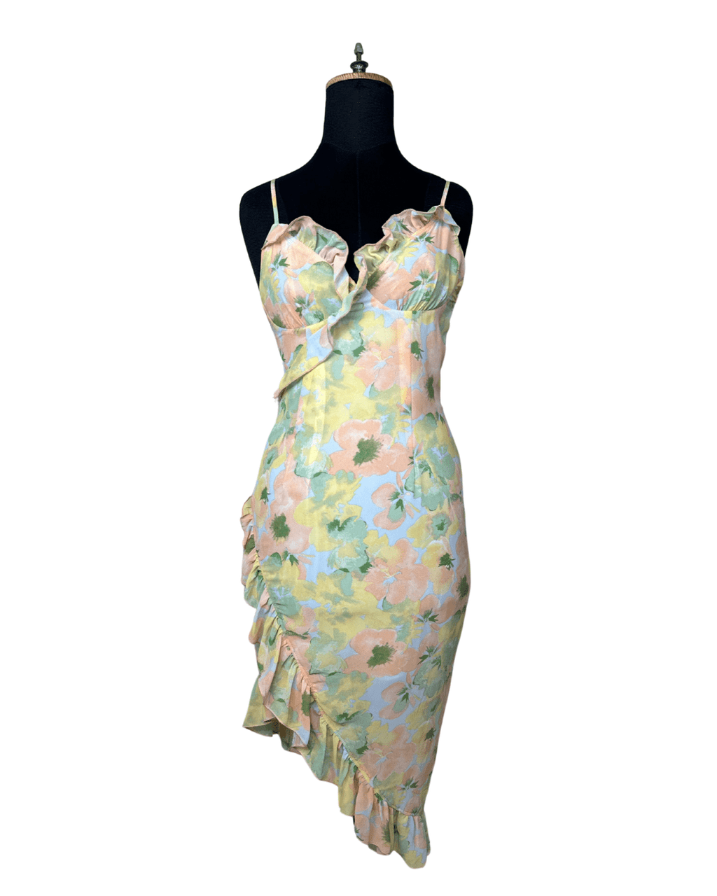 Floral Ruffle Asymmetrical Midi Dress – Pastel Slip Style - Funkify