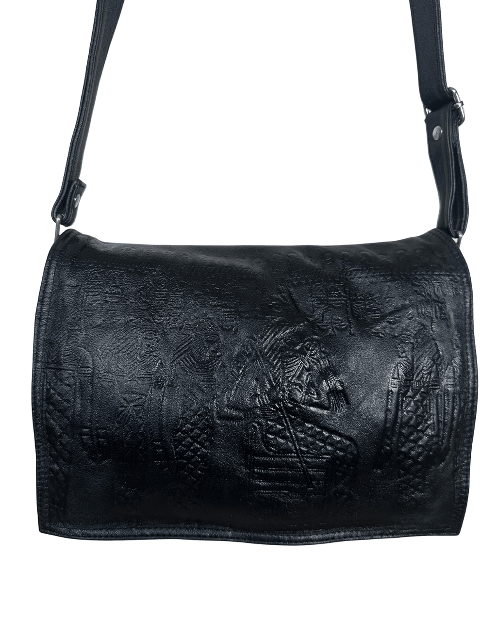 Genuine Leather Embossed Egyptian Motif Black Crossbody Bag - Funkify