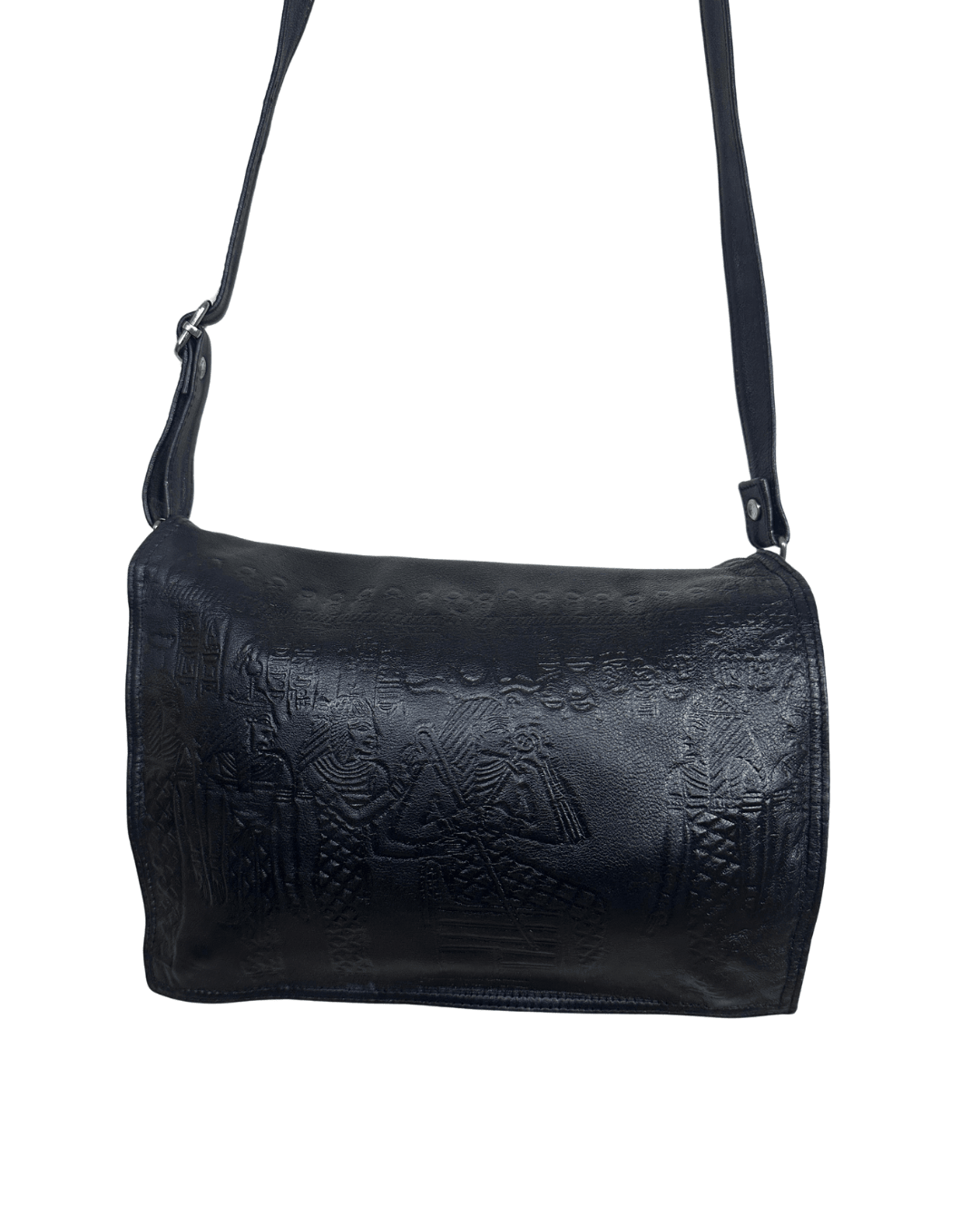 Genuine Leather Embossed Egyptian Motif Black Crossbody Bag - Funkify