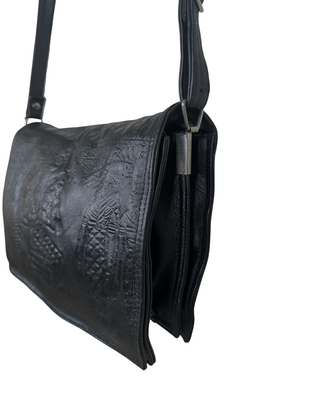 Genuine Leather Embossed Egyptian Motif Black Crossbody Bag - Funkify