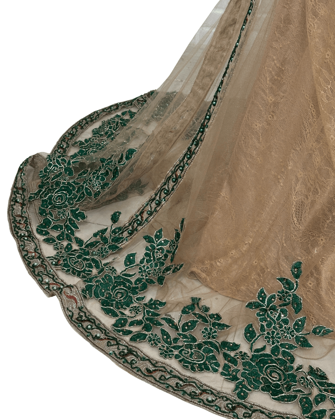 Gold Multi - Layer Lace Gown with Emerald Hand Embroidery - Funkify