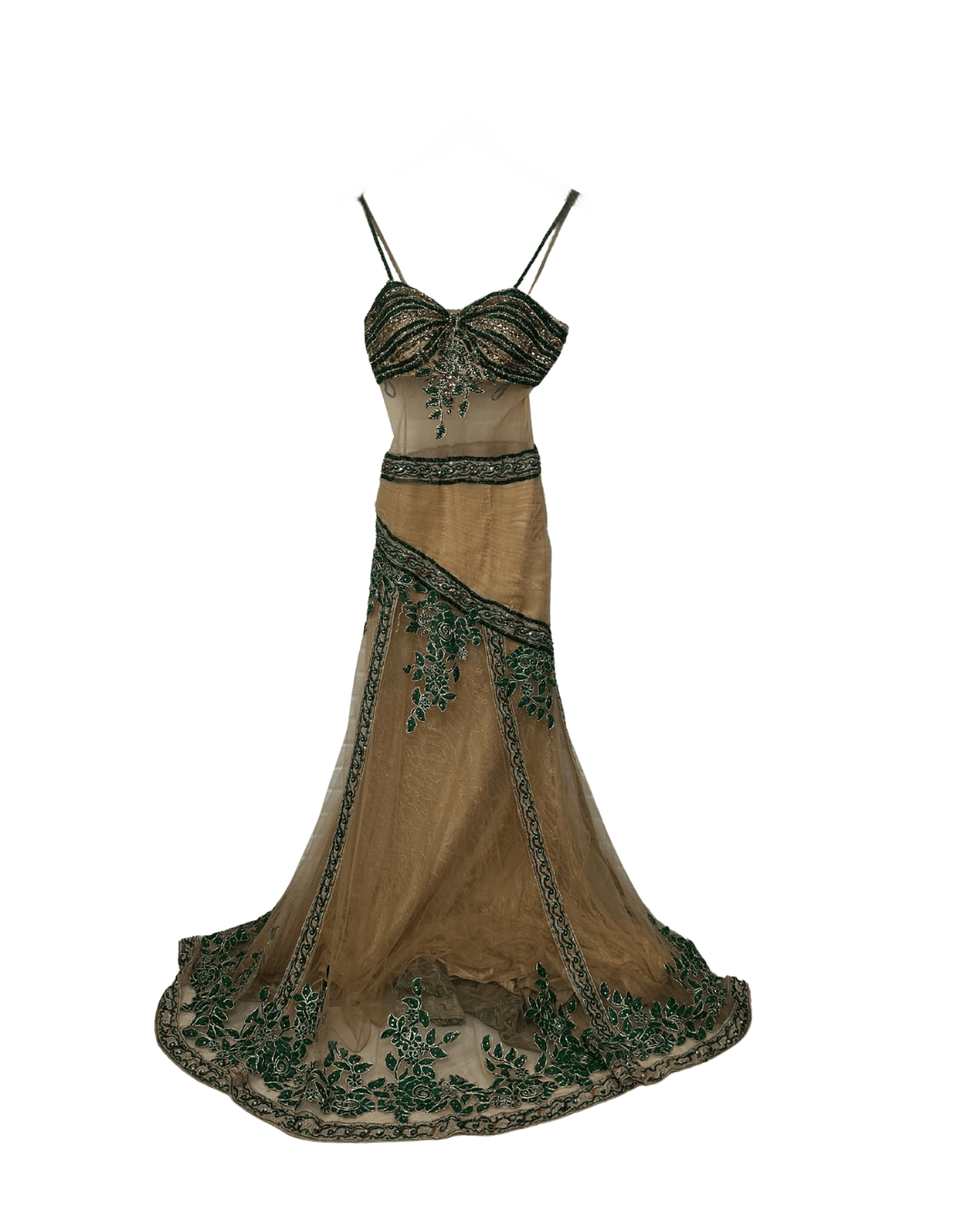 Gold Multi - Layer Lace Gown with Emerald Hand Embroidery - Funkify