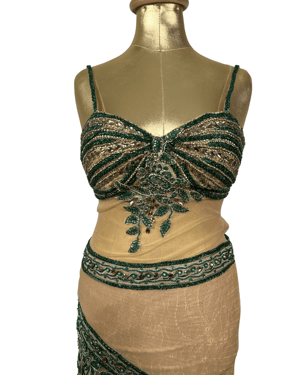 Gold Multi - Layer Lace Gown with Emerald Hand Embroidery - Funkify