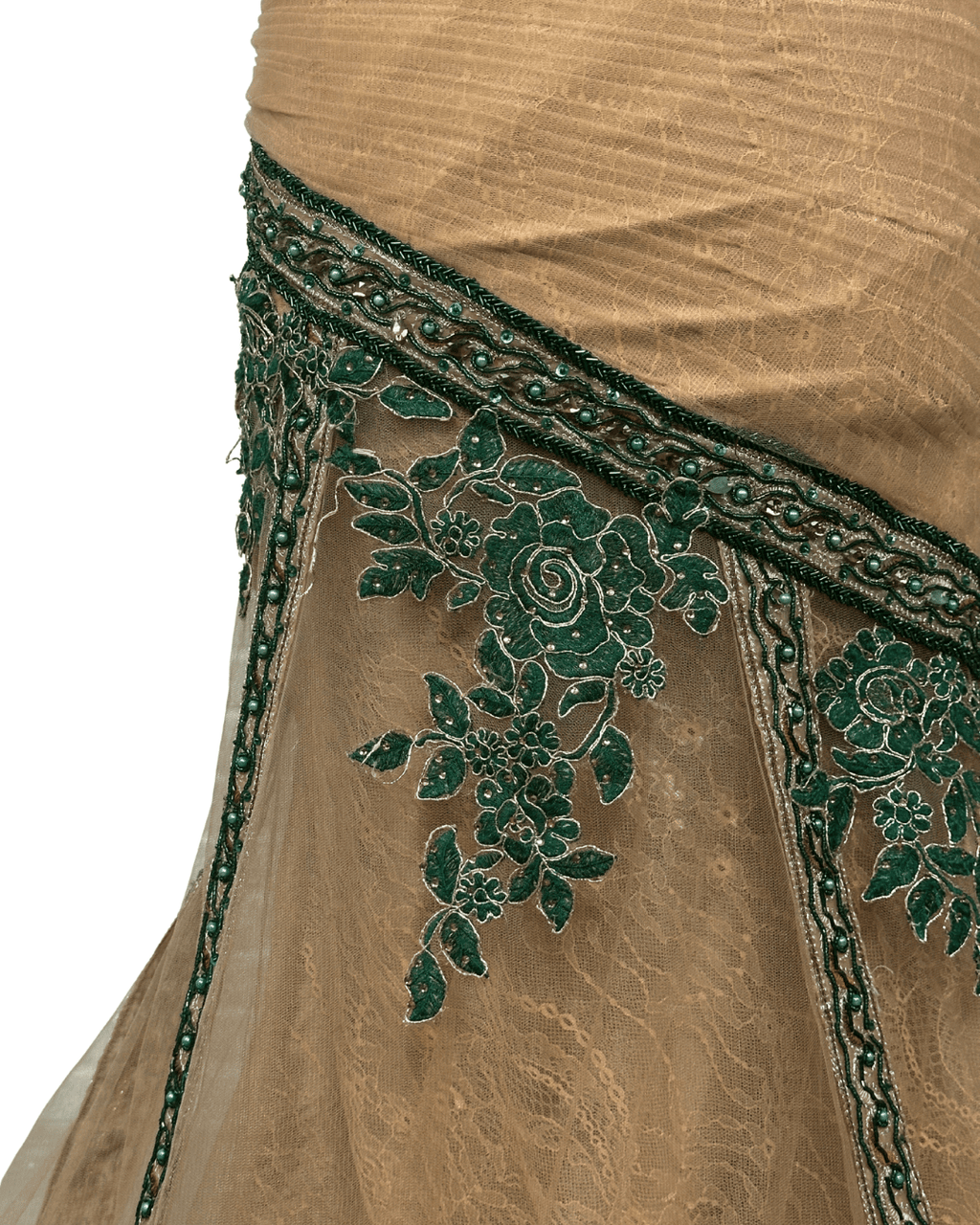 Gold Multi - Layer Lace Gown with Emerald Hand Embroidery - Funkify