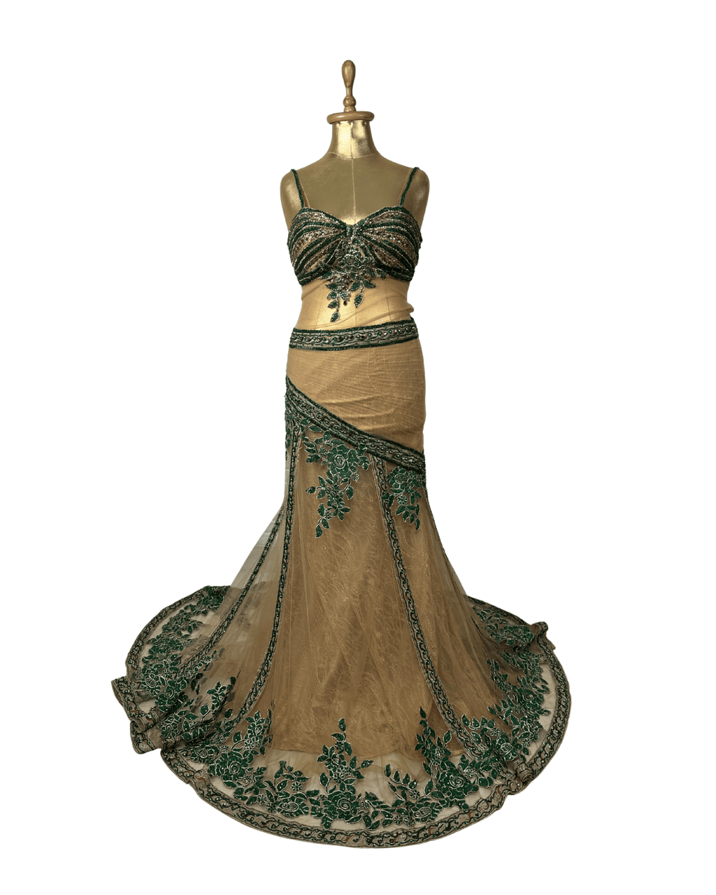 Gold Multi - Layer Lace Gown with Emerald Hand Embroidery - Funkify