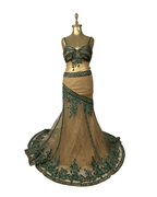 Gold Multi - Layer Lace Gown with Emerald Hand Embroidery - Funkify