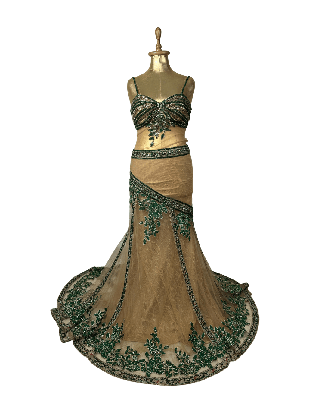 Gold Multi - Layer Lace Gown with Emerald Hand Embroidery - Funkify