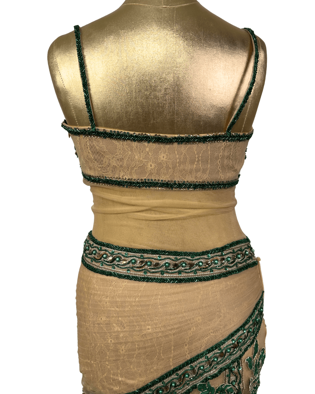Gold Multi - Layer Lace Gown with Emerald Hand Embroidery - Funkify