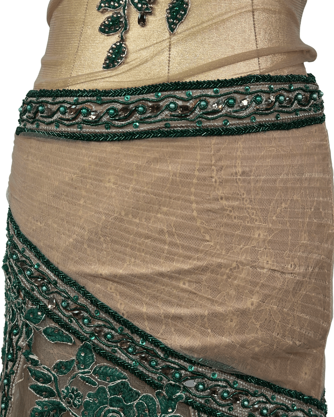 Gold Multi - Layer Lace Gown with Emerald Hand Embroidery - Funkify