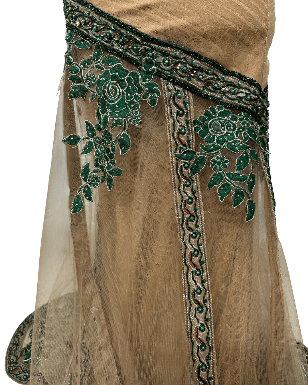 Gold Multi - Layer Lace Gown with Emerald Hand Embroidery - Funkify