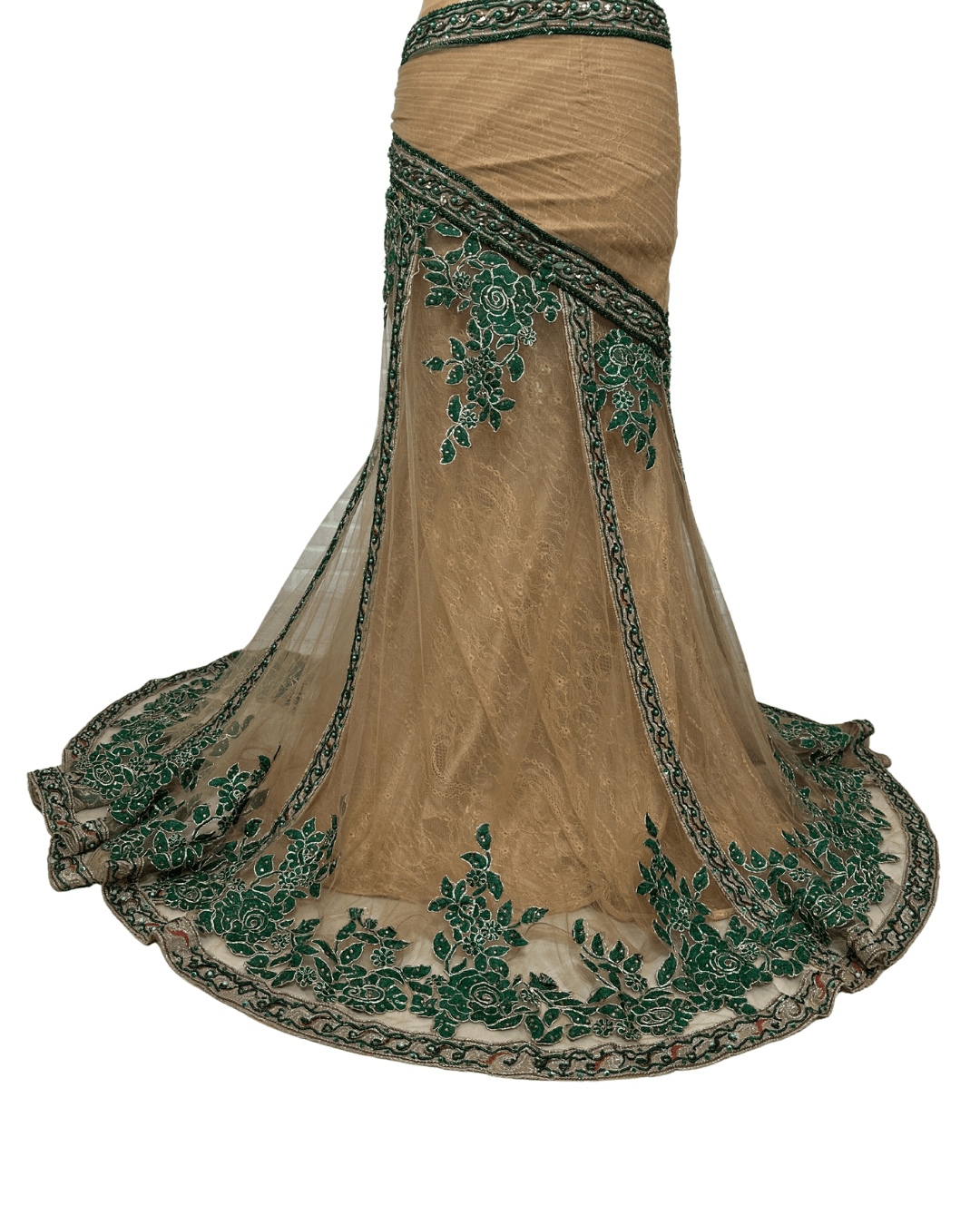 Gold Multi - Layer Lace Gown with Emerald Hand Embroidery - Funkify