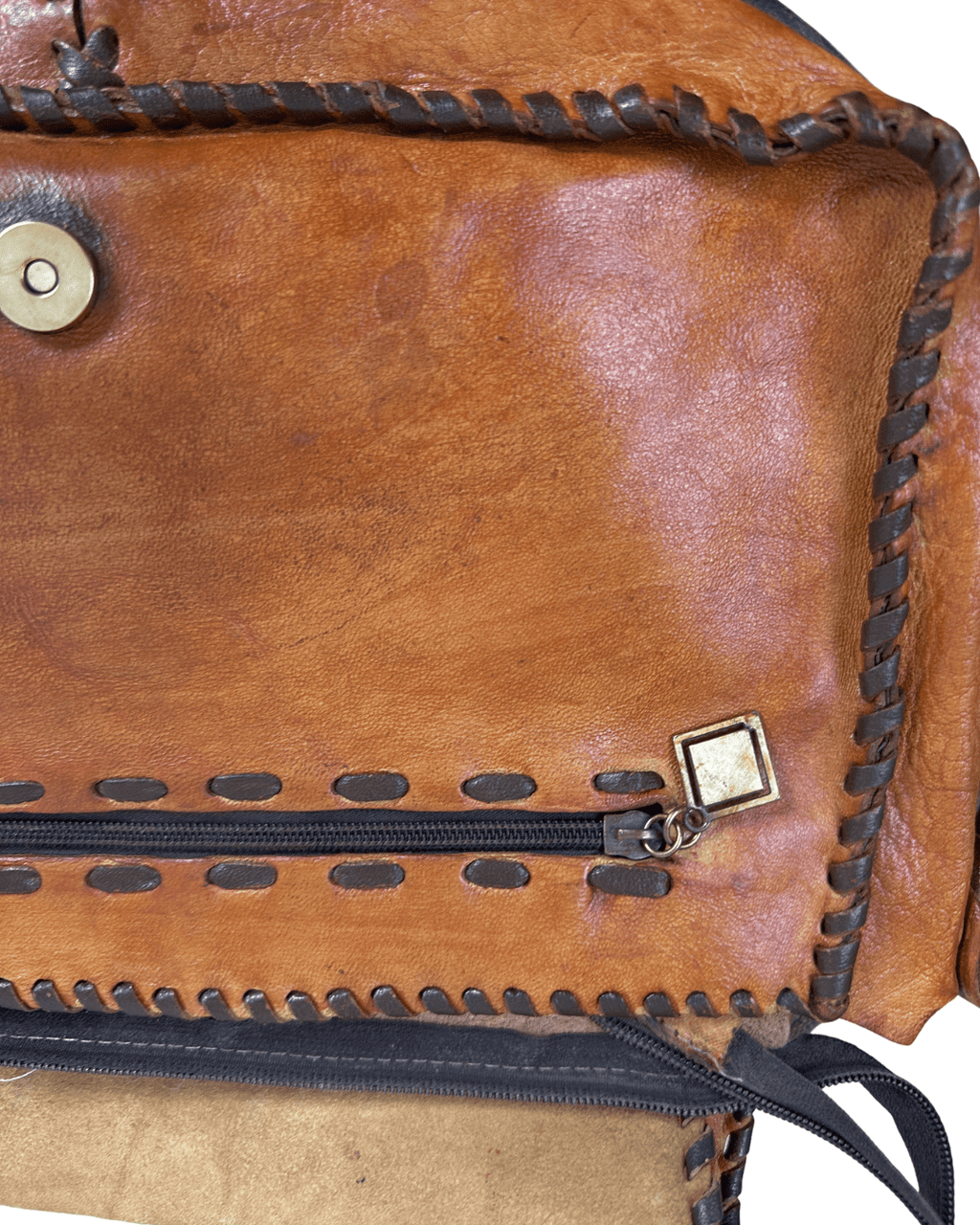 Handmade Brown Whipstitch Genuine Leather Shoulder Bag with Flower Detail - Funkify