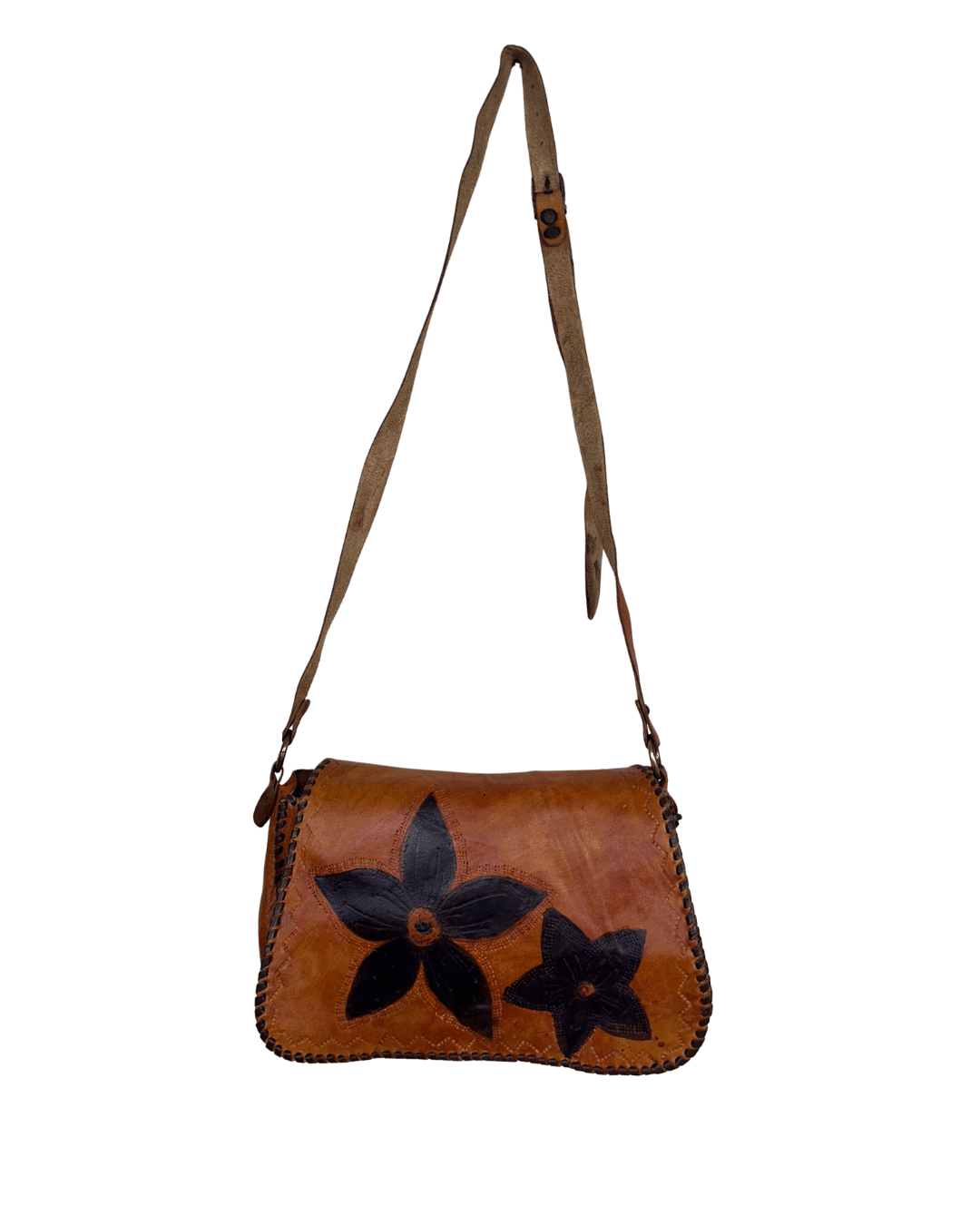 Handmade Brown Whipstitch Genuine Leather Shoulder Bag with Flower Detail - Funkify