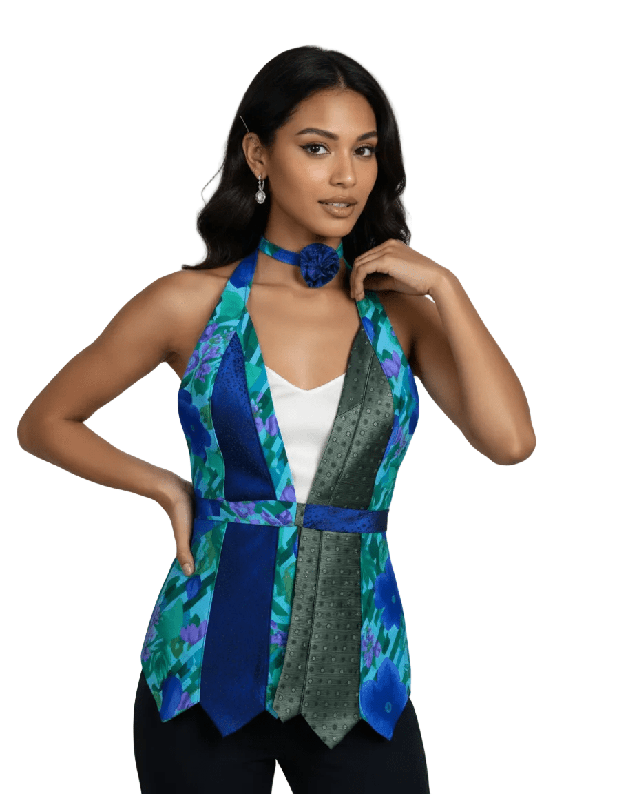 Handmade Upcycled Necktie Halter Vest Top with Choker - Funkify