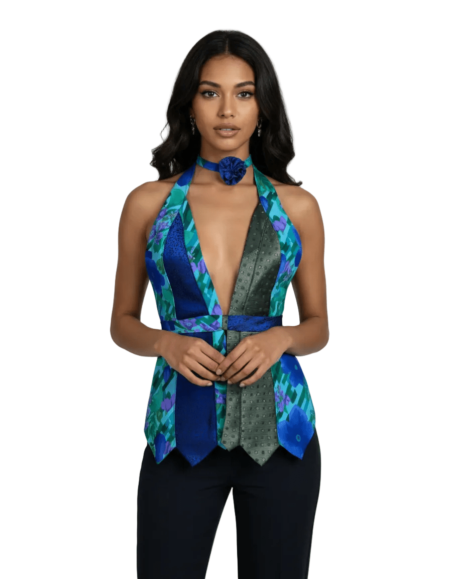 Handmade Upcycled Necktie Halter Vest Top with Choker - Funkify