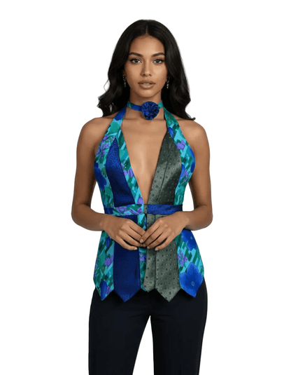 Handmade Upcycled Necktie Halter Vest Top with Choker - Funkify