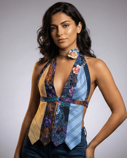 Handmade Upcycled Necktie Halter Vest Top with Choker XS - M - Funkify