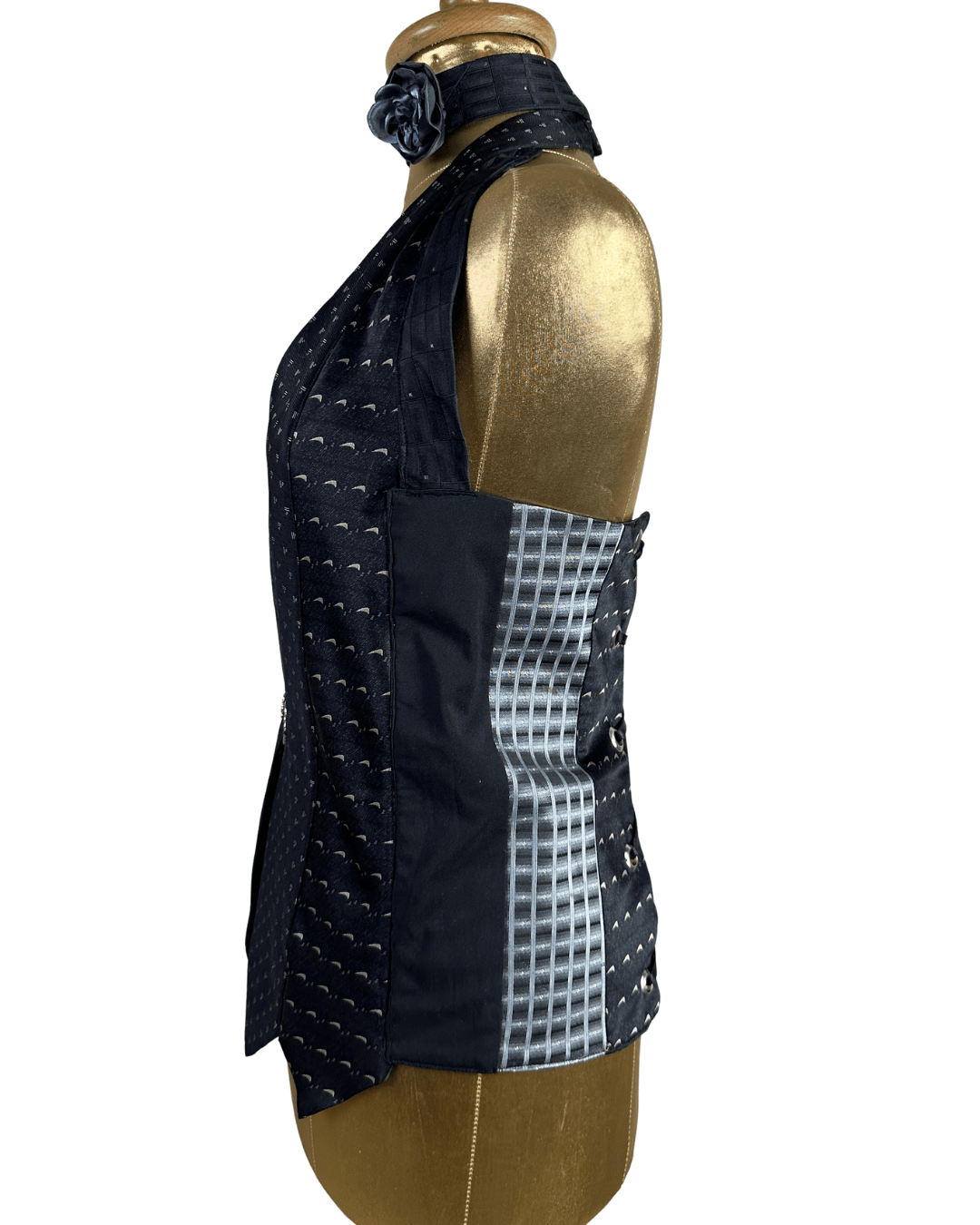 Handmade Upcycled Necktie Halter Vest Top with Corset Back & Choker - Funkify