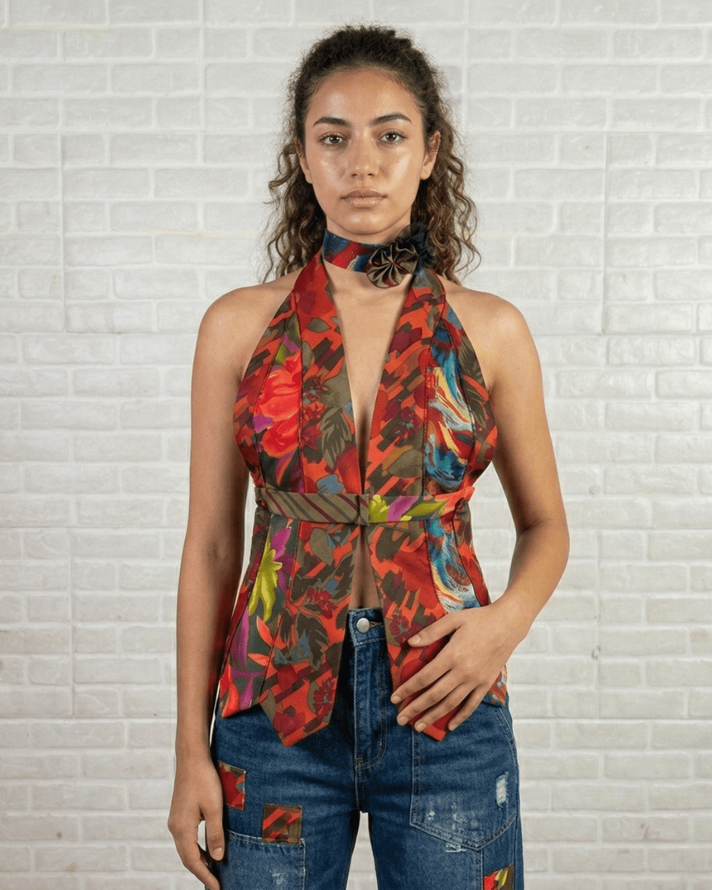Handmade Upcycled Necktie Halter Vest Top with Corset Back & Choker - Funkify