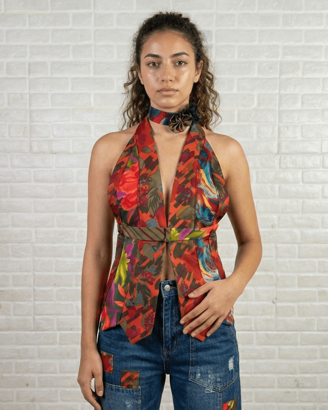 Handmade Upcycled Necktie Halter Vest Top with Corset Back & Choker - Funkify