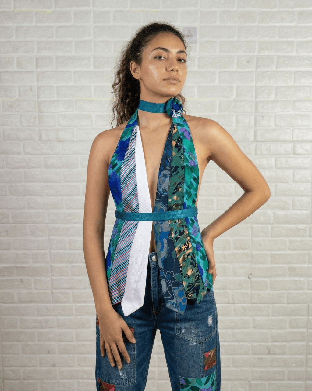 Handmade Upcycled Necktie Halter Vest Top with Corset Back & Choker - Funkify