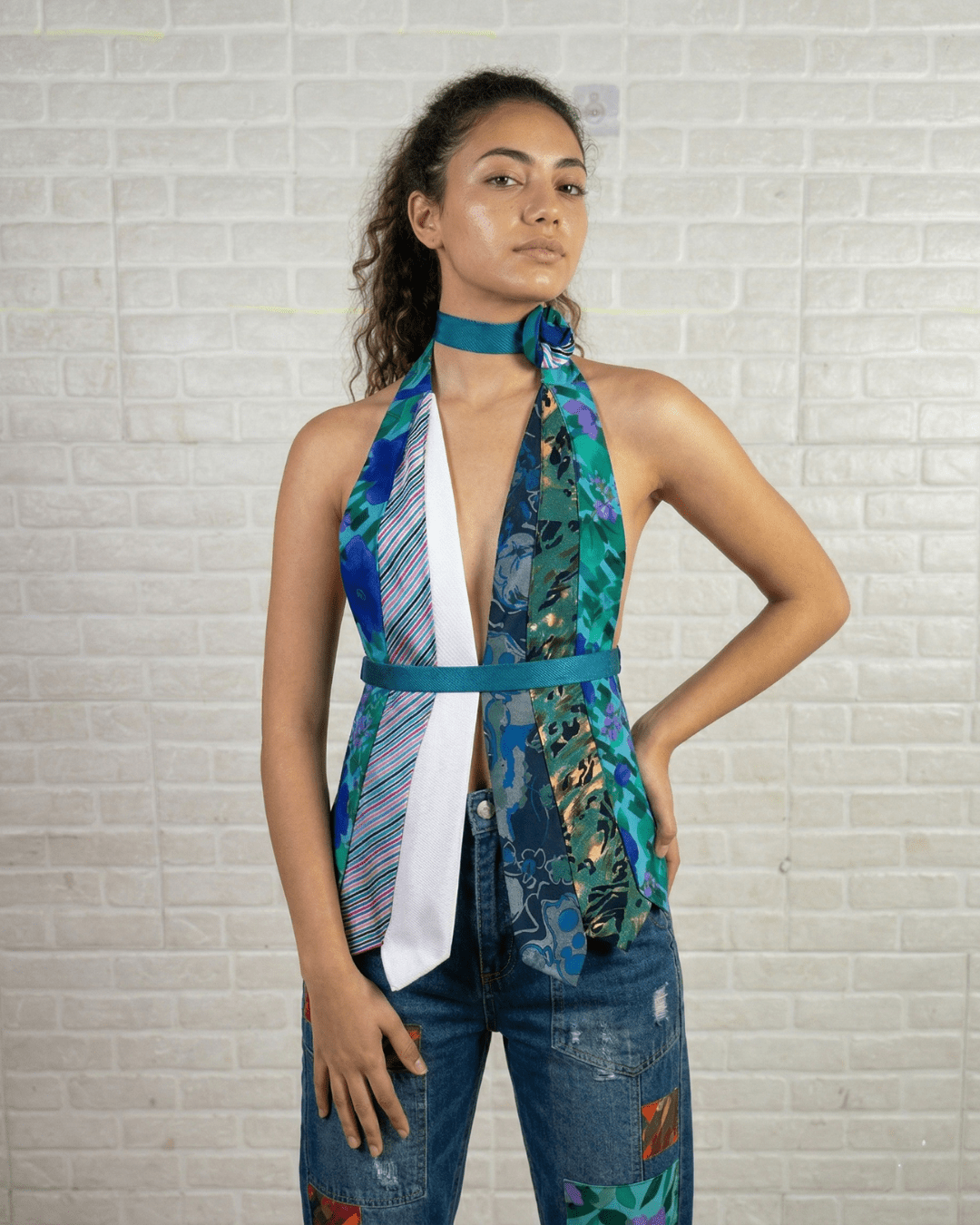 Handmade Upcycled Necktie Halter Vest Top with Corset Back & Choker - Funkify