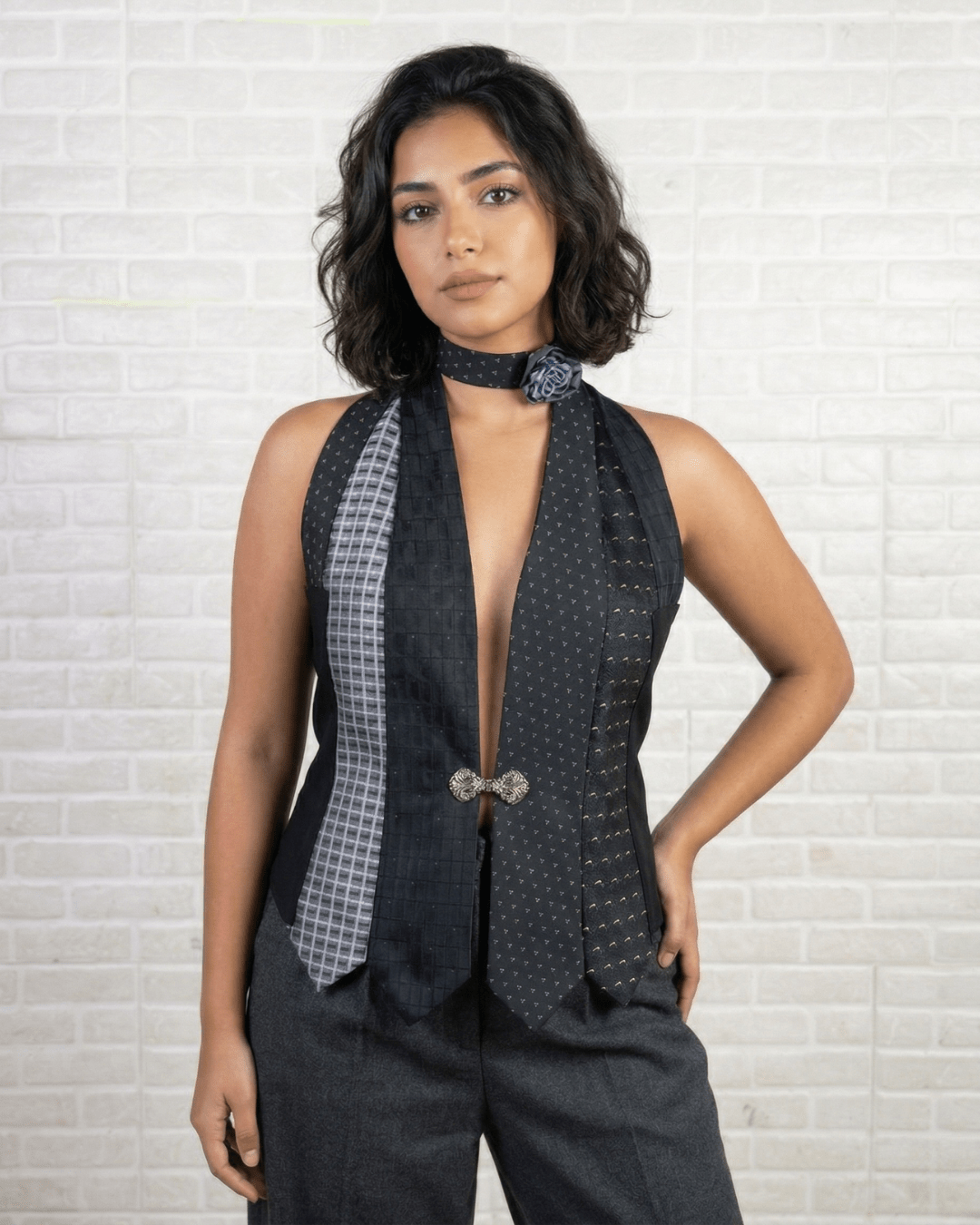 Handmade Upcycled Necktie Halter Vest Top with Corset Back & Choker - Funkify