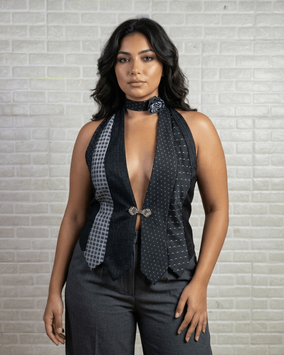 Handmade Upcycled Necktie Halter Vest Top with Corset Back & Choker - Funkify